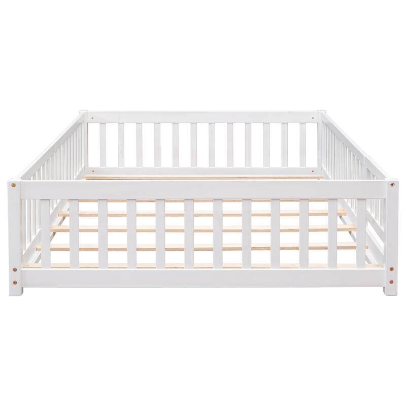 Full size Floor Platform Bed with Fence and Door, White