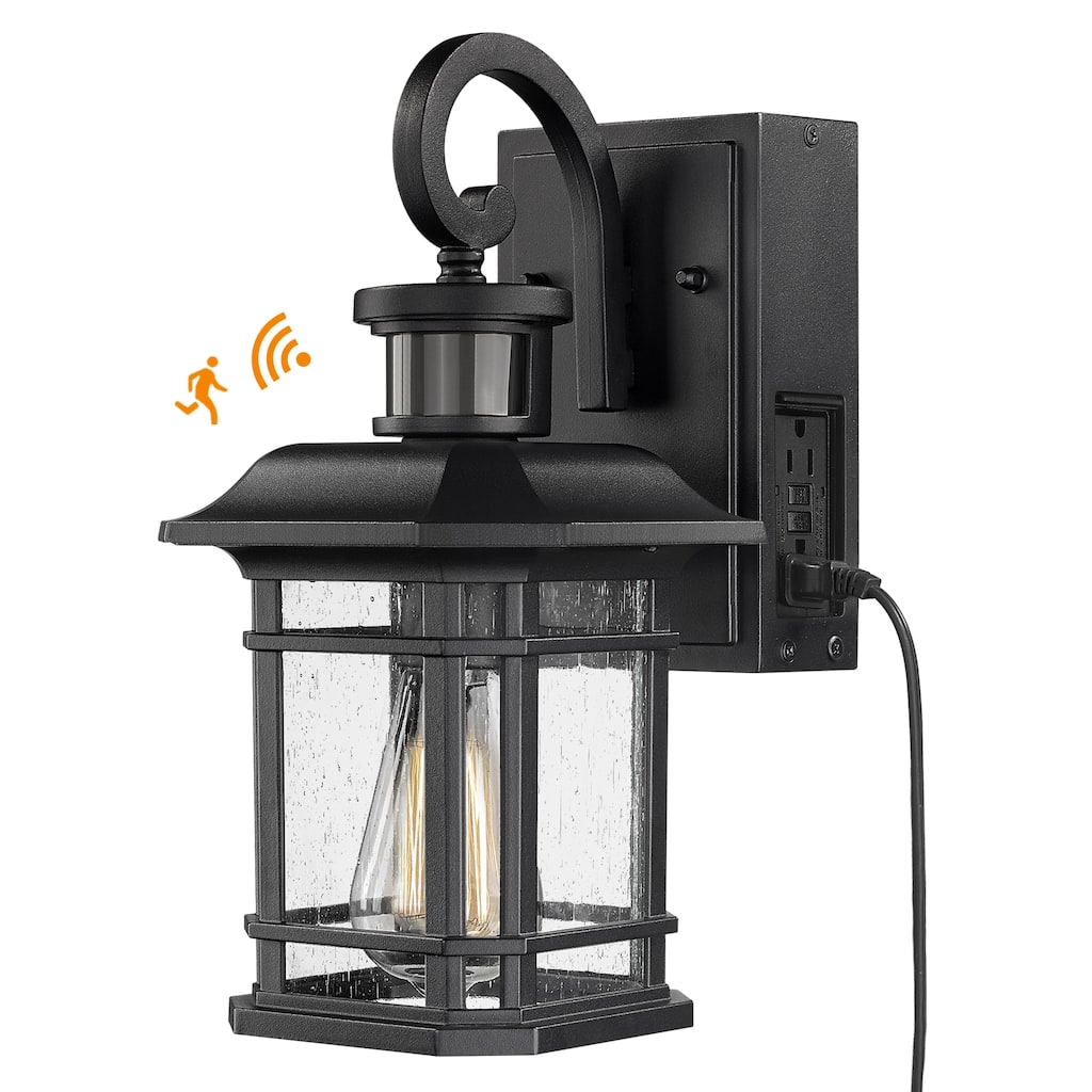 Motion Sensor Outdoor Light, Black Finish with Seeded Glass