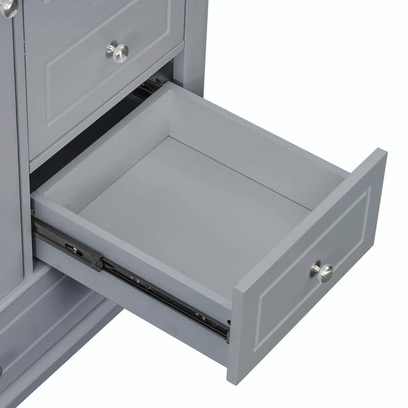 36" Bathroom Vanity with Ceramic Sink, MDF & Solid Wood Base, 3 Drawers and Cabinet with Shelves