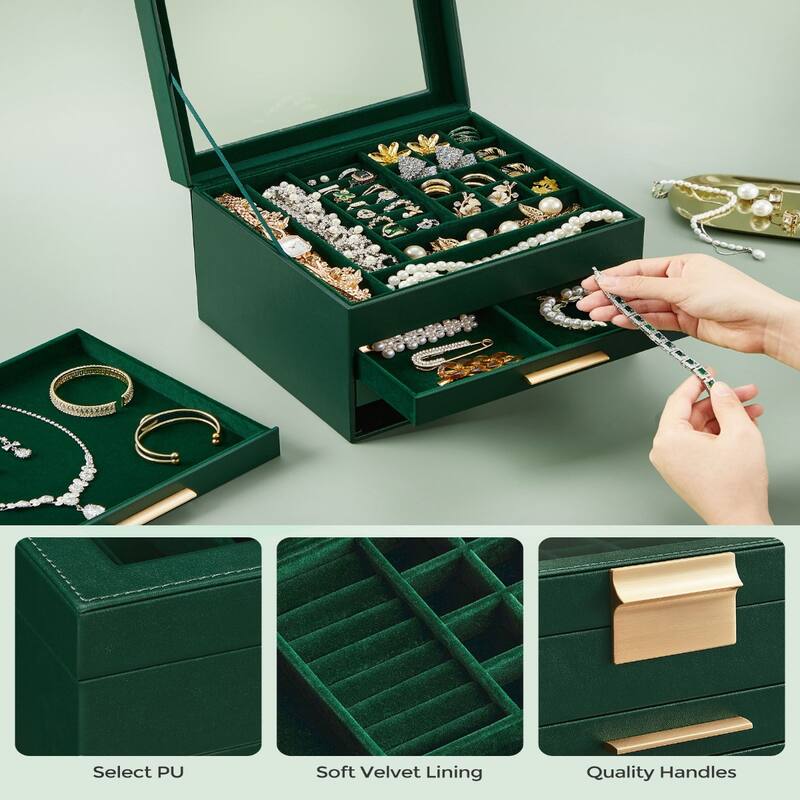 Modern Jewelry Organizer with Multiple Drawers Glass Top and Velvet Interior for Storage