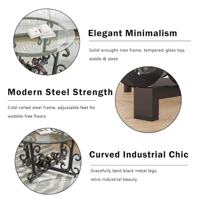 3-Piece Coffee Table Set,Tempered Glass Surface with Sturdy Metal Frame-Modern Living Room Sets(1 Coffee Table + 2 End Tables)