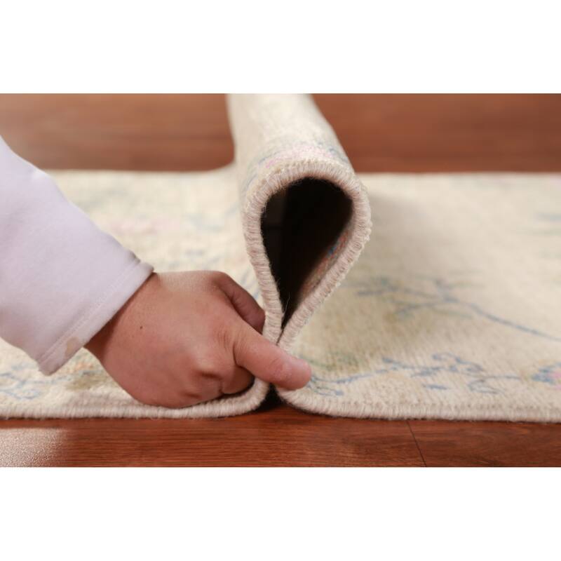 Hand Knotted Oriental 100% Wool Carpet Traditional Floral Beige & Ivories Art Deco Runner Rug - 10' 3'' X 2' 9''