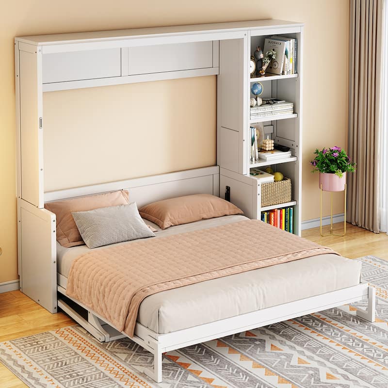 Space-Saving Queen Murphy Bed with Built-In Desk and Bookshelf in White