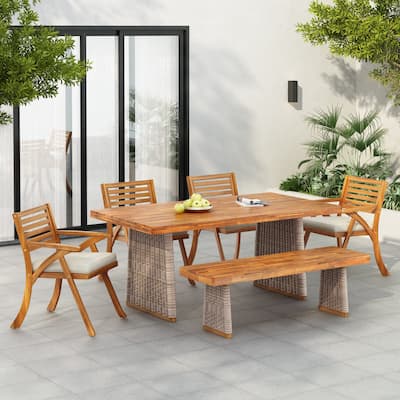 Christopher Knight Home - Mirelle Outdoor Acacia Wood 6 Piece Dining Set with Rattan Legs and Water Resistant Cushions