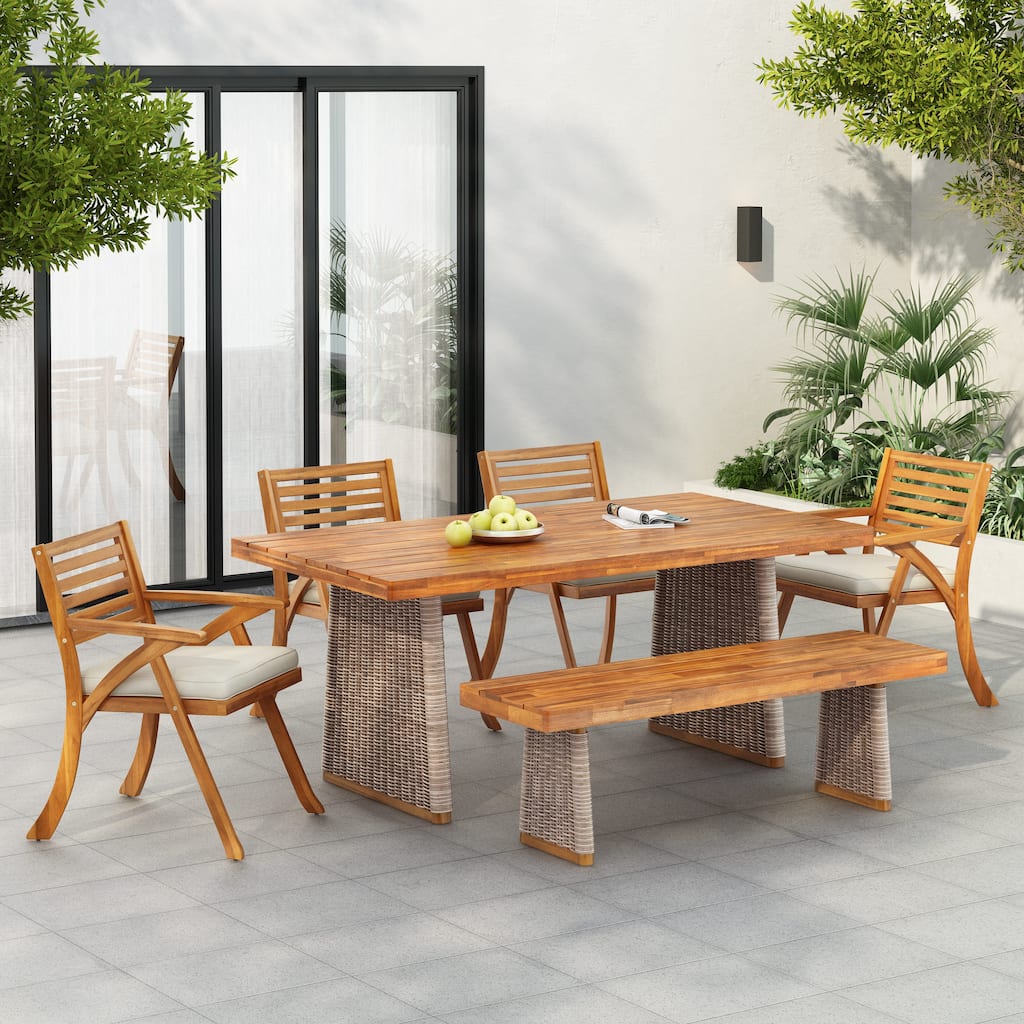 Christopher Knight Home - Mirelle Outdoor Acacia Wood 6 Piece Dining Set with Rattan Legs and Water Resistant Cushions