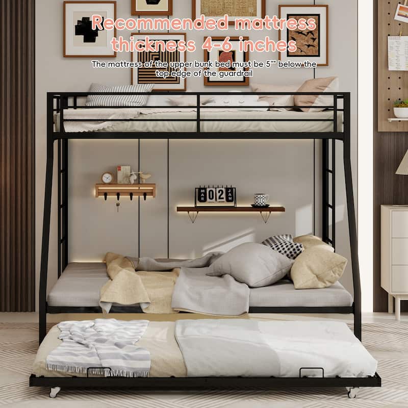 Modern Square Tube Bunk Bed with Ladder and Rolling Trundle Bed