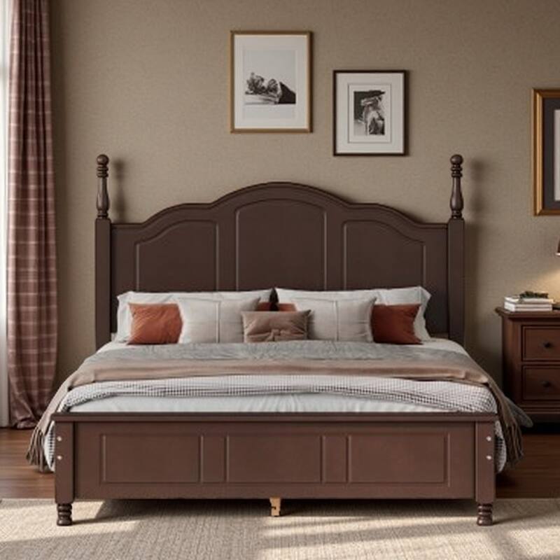 Queen Size Platform Bed with Rustic Wood Headboard, Sturdy Pine Frame & Slat Support, No Box Spring Needed, Dark Walnut Finish - Full Walnut - Full