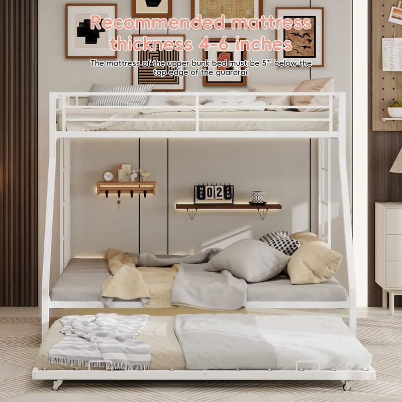 Modern Square Tube Bunk Bed with Ladder and Rolling Trundle Bed