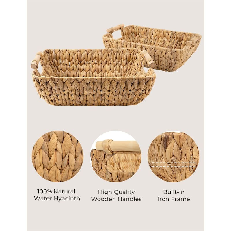 2-Pack Hand-Woven Storage Baskets with Wooden Handles, Wicker Basket for Organizing, Gift Choice