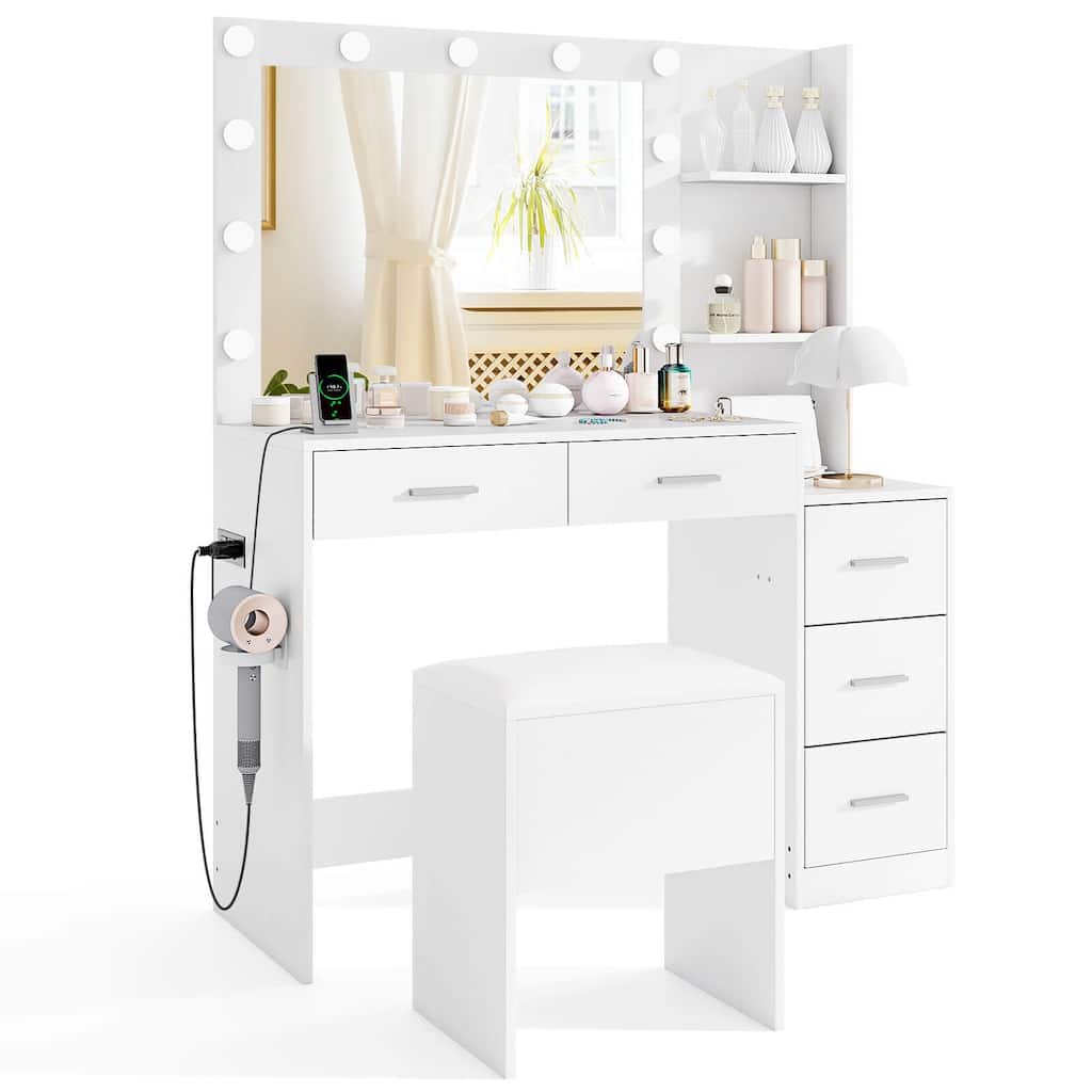Costway 43.5" Makeup Table Set Vanity Desk with Storage Stool Power - See Details