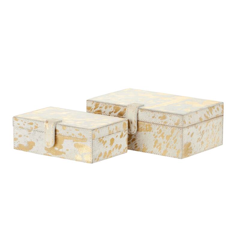 Gray, Silver or Gold Leather Handmade Cowhide Storage Box with Silver Foil Accents (Set of 2)