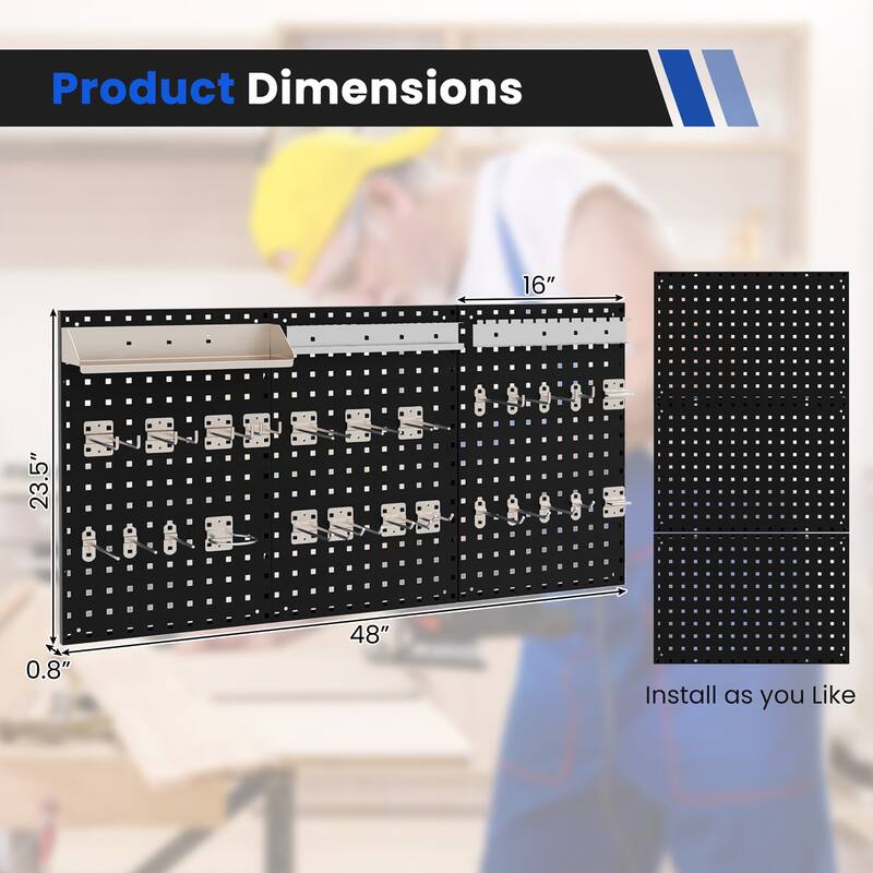 Gymax 3 Pcs Pegboard Wall Organizer w/ 25 Hooks Drill Bit Holder