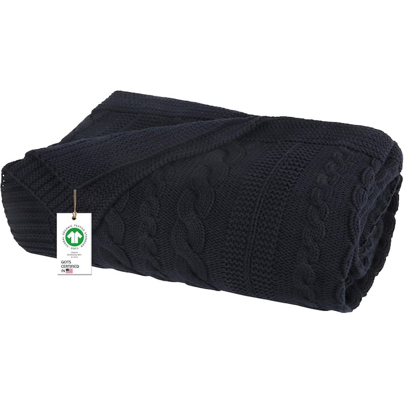 Delara Organic Cotton Throw Blanket 50x70 inches, GOTS Certified Cable Knitted Throws Blanket for Sofa Couch Bed, Baby Nursery - Dark Navy