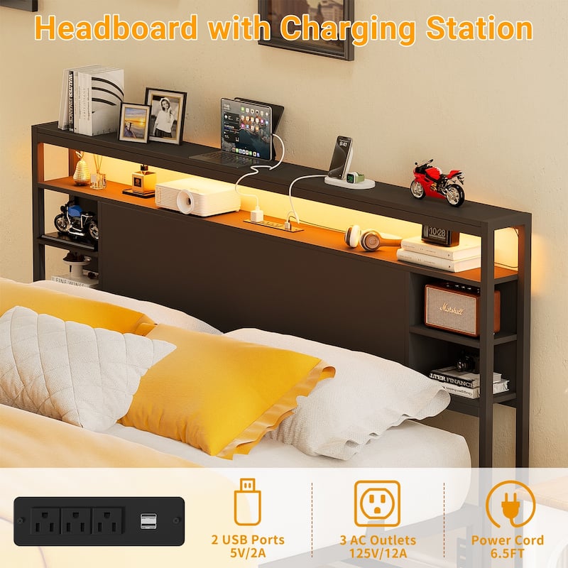 Bed Frame with Charging Station and RGB LED Lights, Sturdy Platform Bed with Storage Headboard,