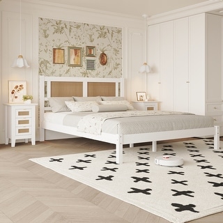 3-Pieces Bedroom Sets Queen Size Wooden Platform Bed,Nightstands for Bedroom,White