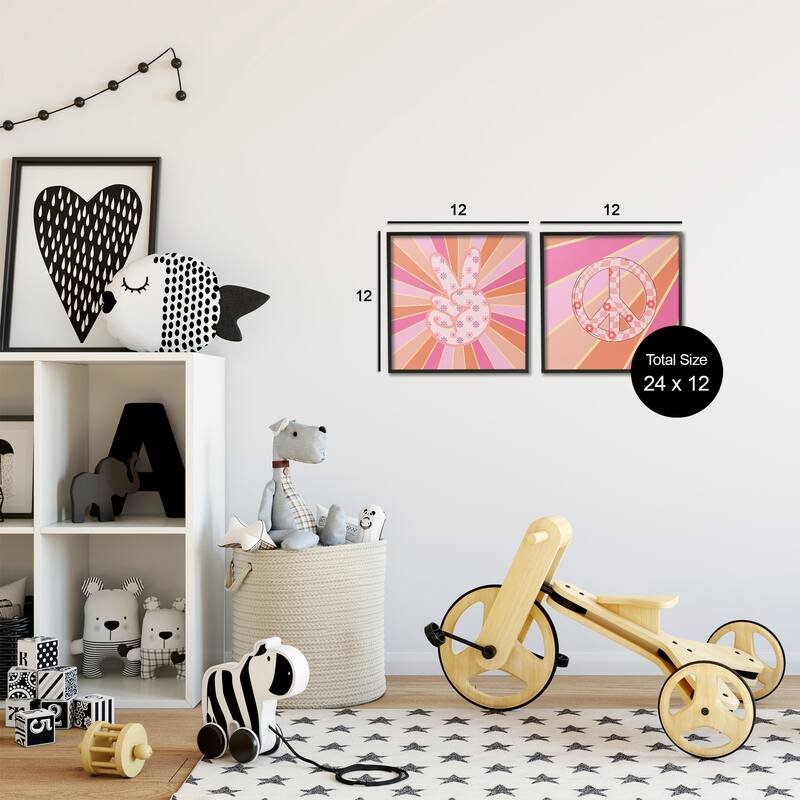 Stupell Groovy Peace Symbols on Stripes Framed Giclee Art Design By Jesse Keith (Set of 2)
