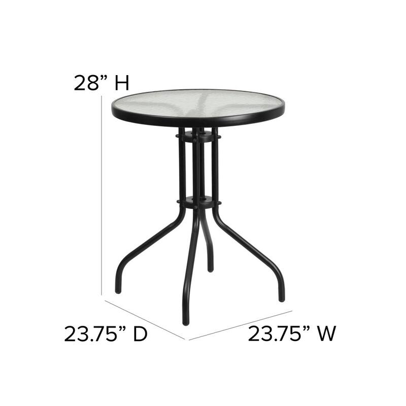 23.75" Round Glass Metal Table with 2 Metal Aluminum Slat Stack Chairs