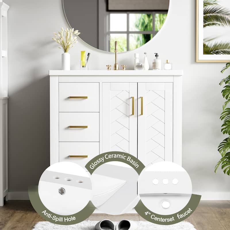 36" Bathroom Vanity with Sink, Floating Curved Edges Striped Storage Cabinet with a Drawer, White Round Ceramic Basin