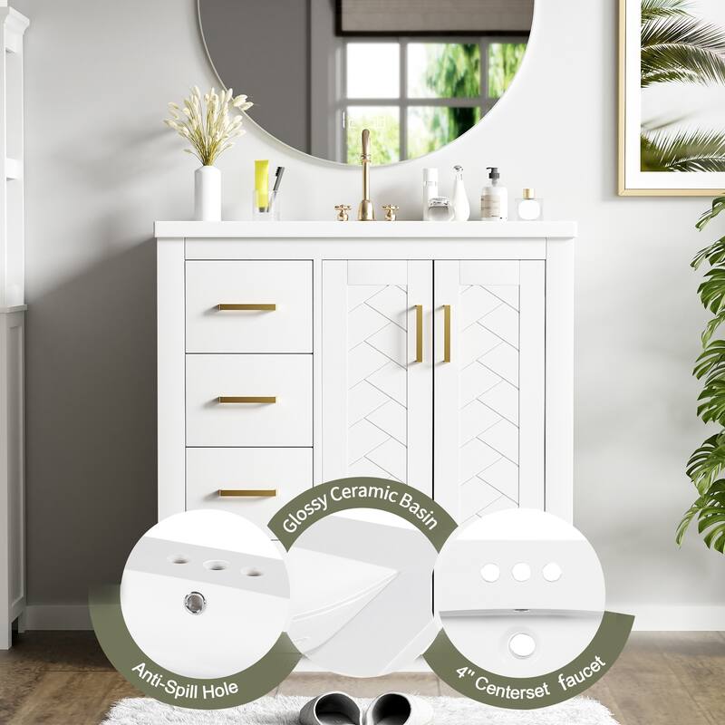Anmytek 30 Inch Freestanding Bathroom Vanity with Ceramic Sink, Solid Wood Frame, 3 Drawers and Soft Closing Doors