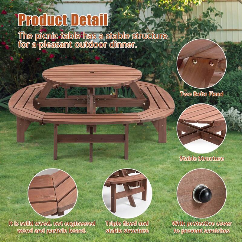 Wooden Outdoor Round Picnic Table w/ Built-in Bench Seats