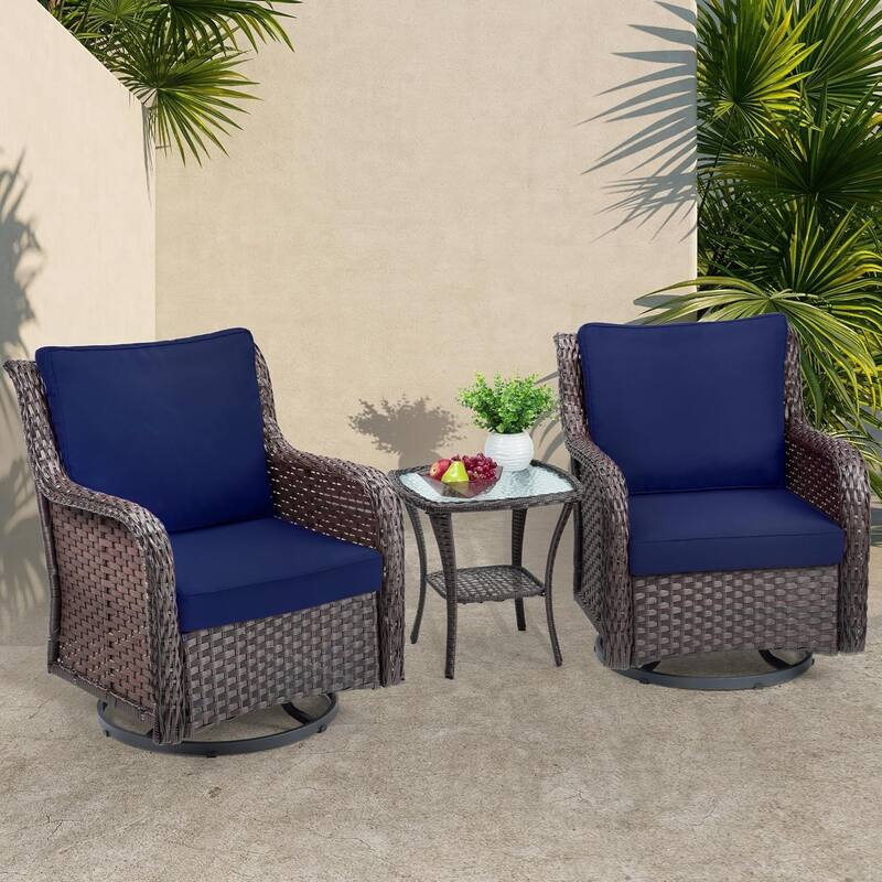 Outdoor Wicker Furniture Set 3-Piece Swivel Glider Rocking Chair and Coffee Table - Blue
