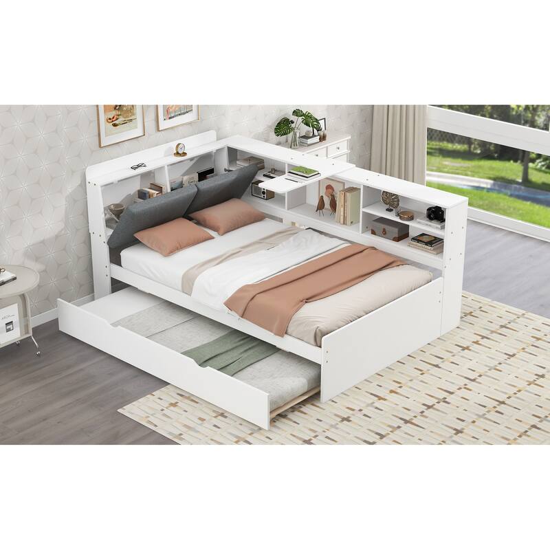 Twin Size Platform Bed with Trundle, Storage Shelves, Headboard with Upholstery, and Space-Saving Rotating Board