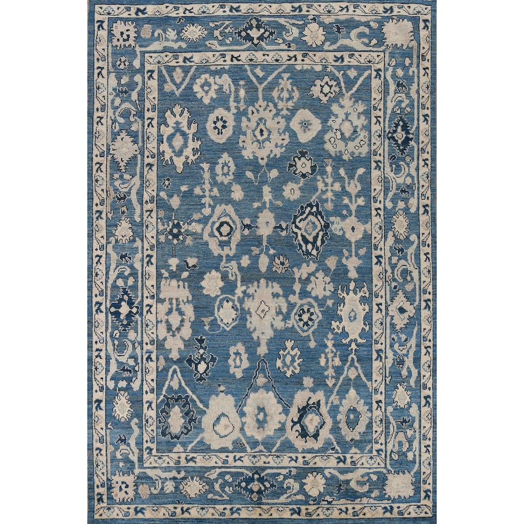 Hand Knotted Oriental 100% Wool Carpet Transitional All-Over Navy Blue & Blues Oushak Area Rug - 9' 4'' X 6' 4''