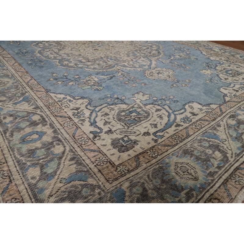 Blue Tabriz Persian Area Rug Handmade Traditional Floral Wool Carpet - 6'7"x 9'6"