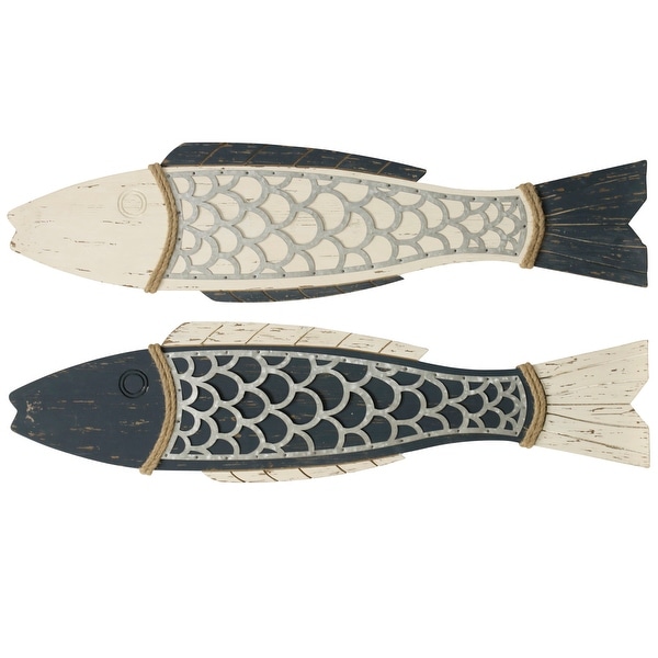 StyleCraft SC-WI52243 11" x 44" - "Couple Fish" Rope and Wood Animals Wall Sculptures - Set of (2)