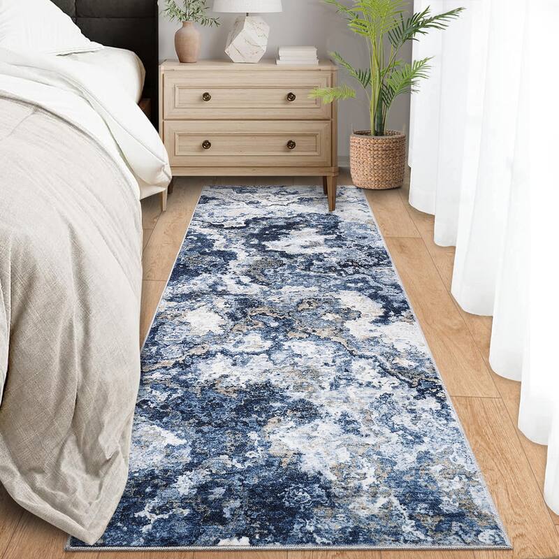 Machine Washable Area Rugs for Living Room, Modern Abstract Bedroom Rug, Low Pile Non-Slip Carpet - 2'x6' - Blue