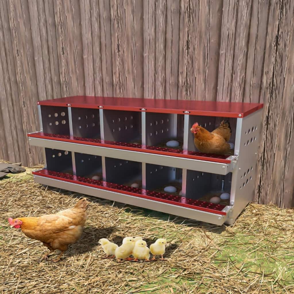 10-Compartment Chicken Nest Box with Egg Collection Tray and 10 Fake Training Eggs Red