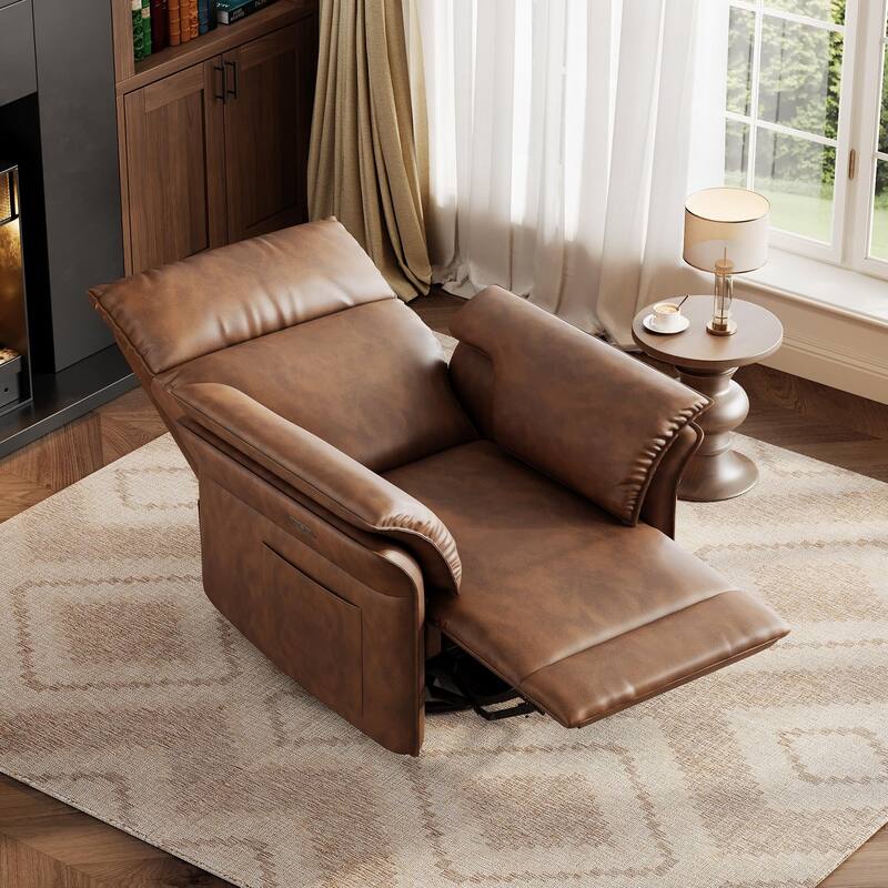 Power Recliner Chair Swivel Glider, Upholstered Faux Leather Nursery Reclining Sofa Chair with Charging Port