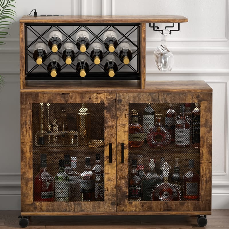 Bar Cart with Charge Station and LED Light, Rolling Home Bar Liquor Cabinet with Wine Holder - 31.5'' W