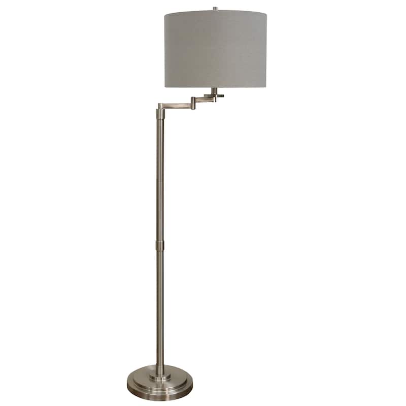Floor Lamp - Brushed Steel Finish - Light Beige Hardback Fabric Shade - Brushed Steel