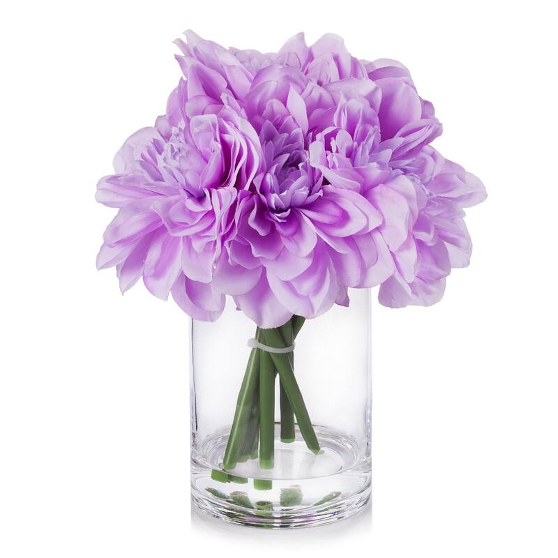 Enova Home Artificial Silk Dahlias Fake Flowers Arrangement in Clear Glass Vase with Faux Water For Home Decoration - Purple