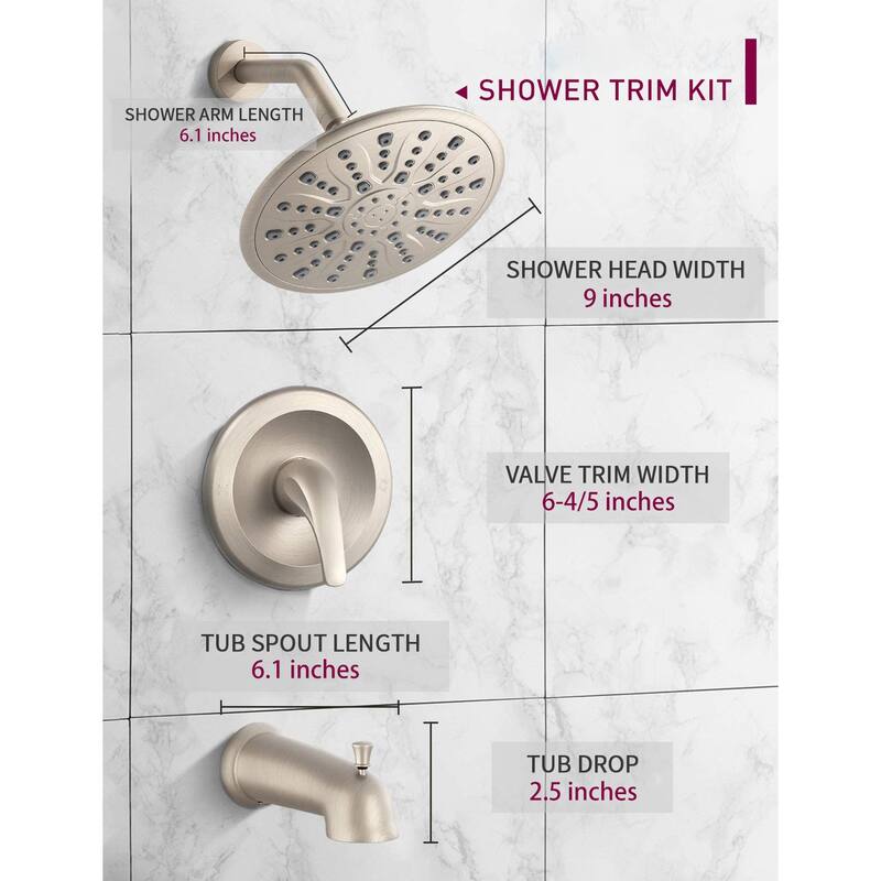 Proox 9 inch Single Handle Rainfall Round Shower Head Faucet W/ Wall Mounted Bathtub Spout