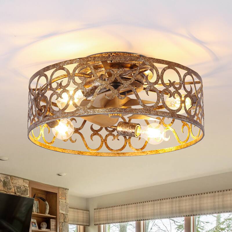 18-inch Rustic Gold Metal Caged Flush Low Profile Celing Fan with Remote and APP Control