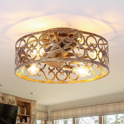 18-inch Rustic Gold Metal Caged Flush Low Profile Celing Fan with Remote and APP Control