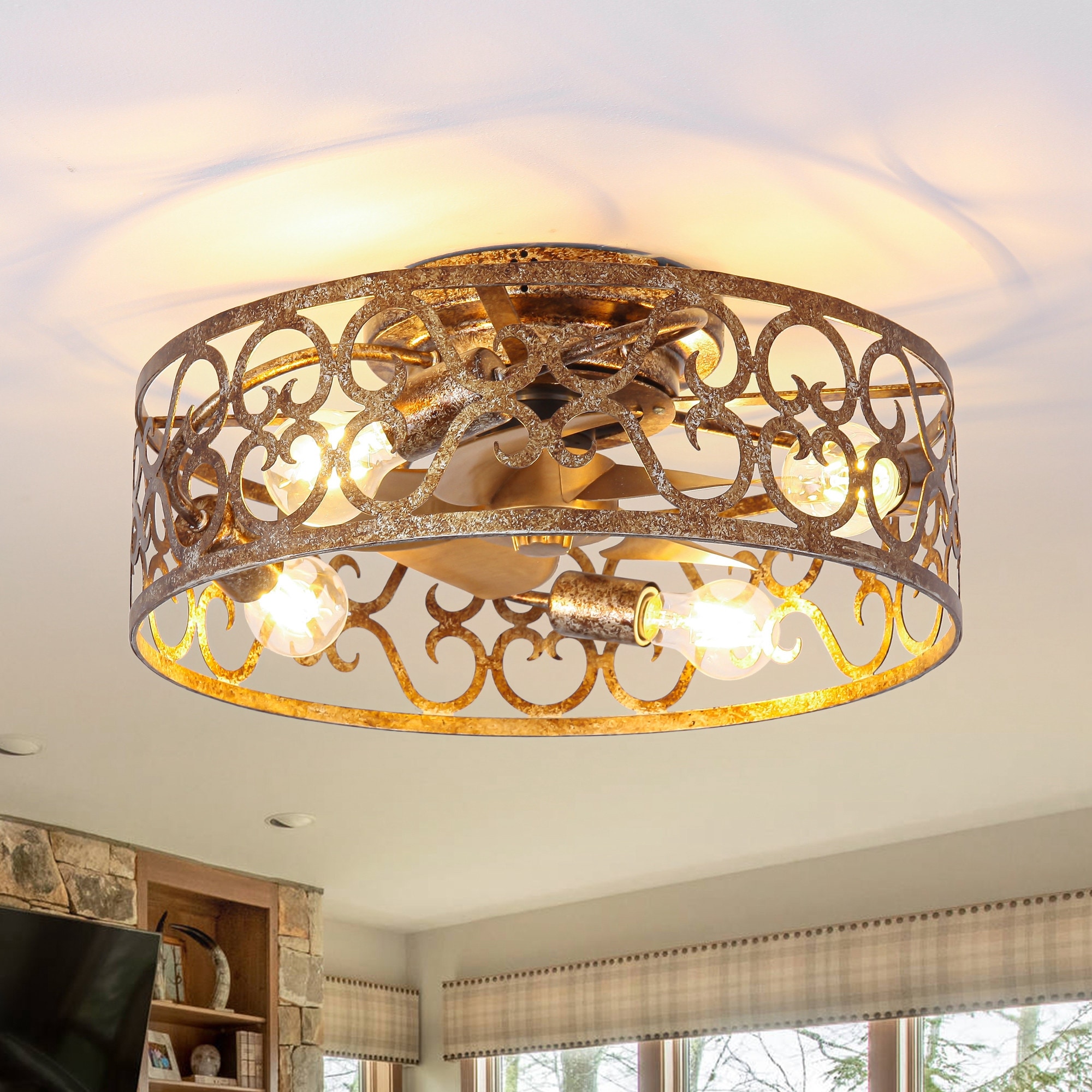 18-inch Rustic Gold Metal Caged Flush Low Profile Celing Fan with Remote and APP Control