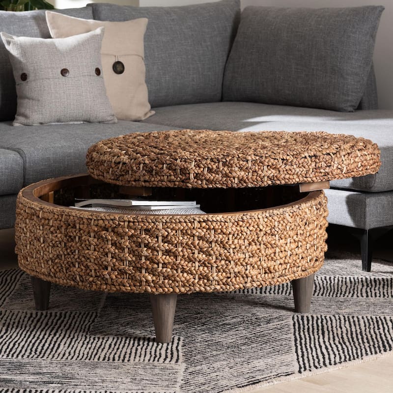 Bailey Handwoven Seagrass Storage Ottoman with Lift-Top - Rustic Wicker Trunk or Footrest for Living Room or Entryway