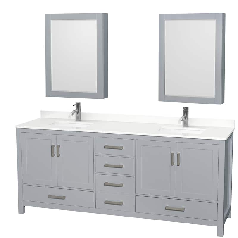 Sheffield 80-inch Double Vanity, Single Hole Quartz Top, Med Cabinets - Gray, Chrome Trim, White Quartz Top