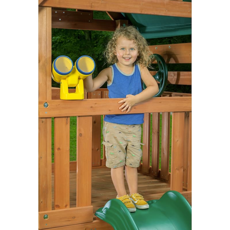 Mountain View Swing Set with Tarp Roof, Climbing Wall, Monkey Bars
