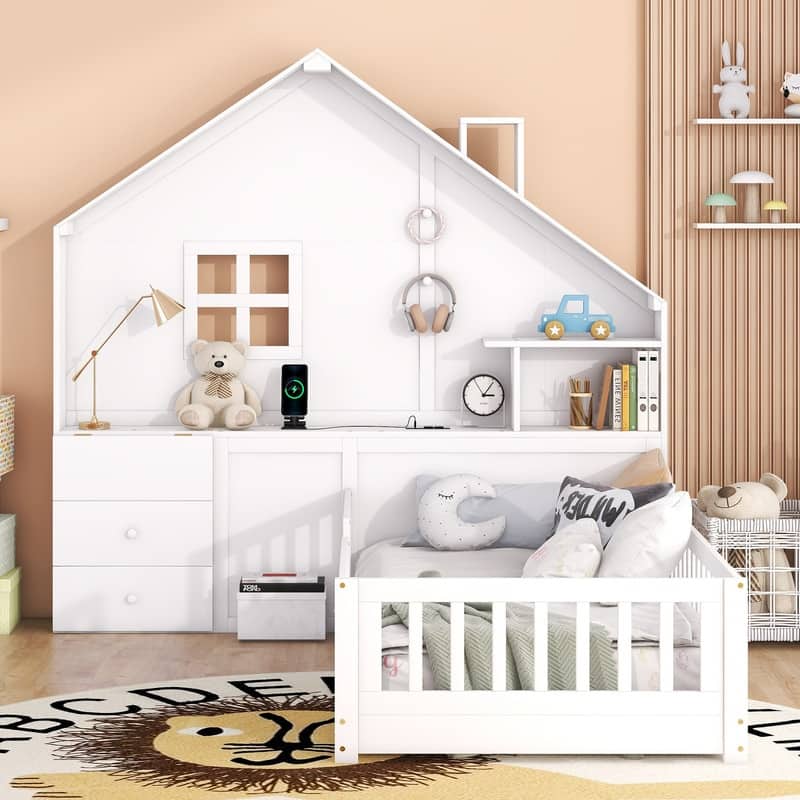Twin/Full Size House Bed with Window and Bedside Drawers, Kids Montessori Bed Playhouse Bed Frame with Shelves and USB Port