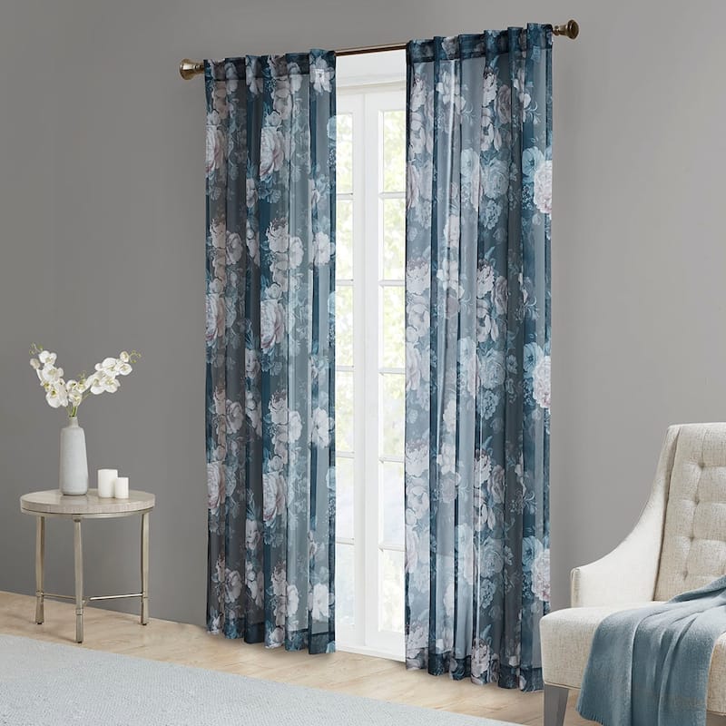 Printed Floral Rod Pocket and Back Tab Voile Sheer Curtain