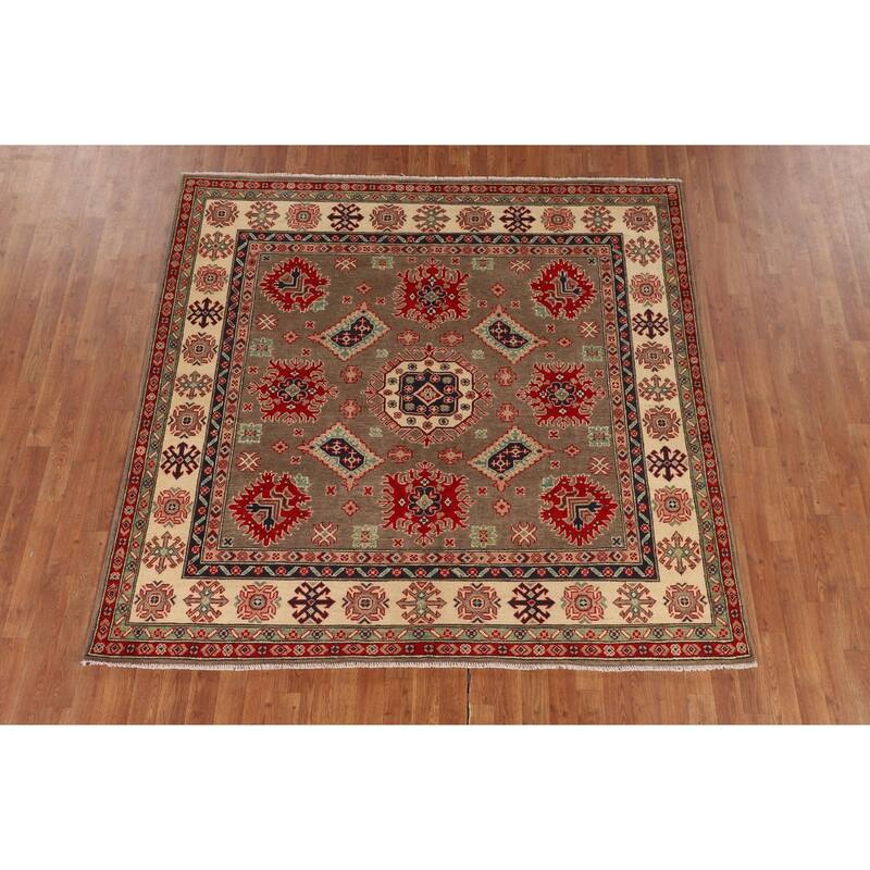 Brown Geometric Kazak Oriental Square Rug Hand-Knotted Wool Carpet - 6'8" x 6'5"