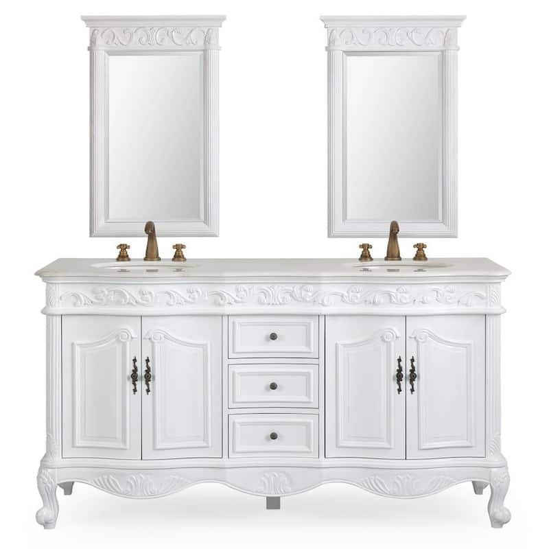 Benton Collection 64 Inch Antique White Traditional Style Double Sink White Top Beckham Bathroom Vanity - 64 inch