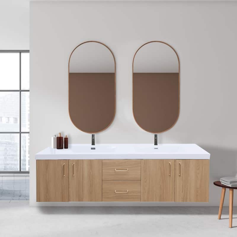 AlbyonD 72" 84" Floating Bathroom Vanity with Sink and Faucet, Natural Oak - 72 in. Vainty & Faucet