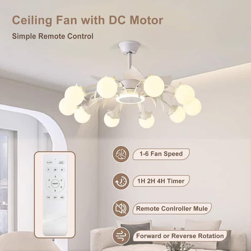 Indoor Chandelier Ceiling Fan with Light and Remote, Beige Fandelier with Milky Globe Shade for Bedroom