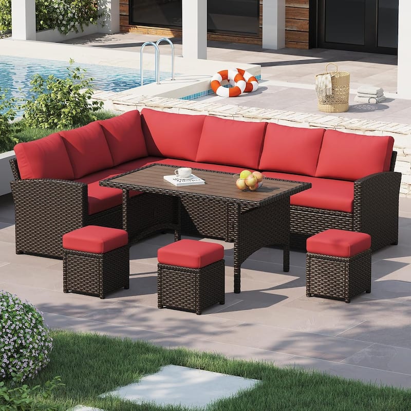 AECOJOY 7 Pieces Patio Furniture Set Outdoor Sectional Sofa Rattan Conversation Set - Red