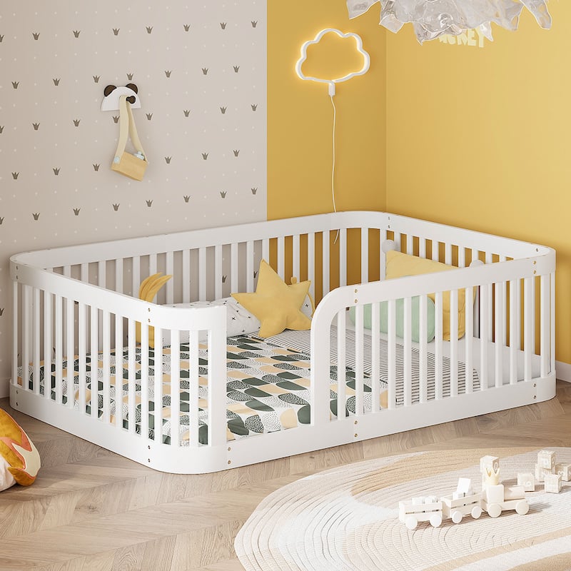 Enchanting Wood Twin Size Floor Bed Frame with Protective Fence by Harper & Bright Designs - White - Full
